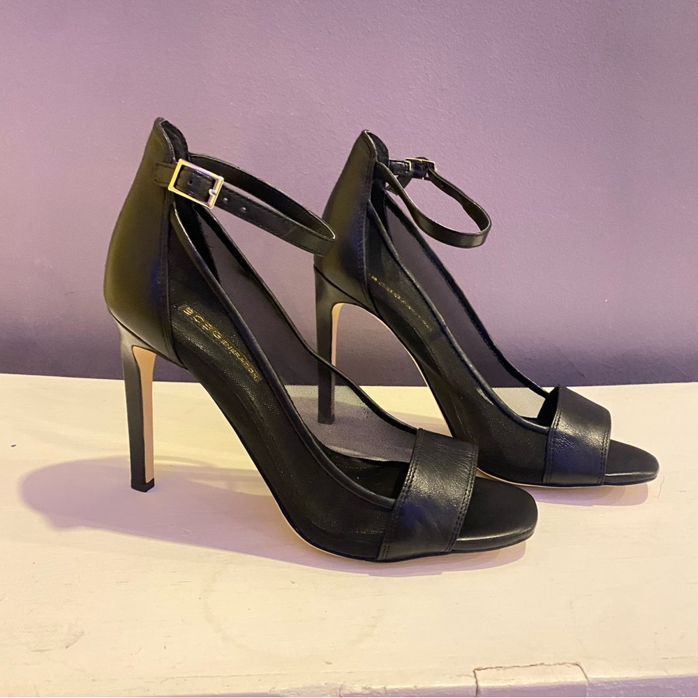 BCBGeneration Natalee Black Leather Mesh Peep High Heel Sandal Ankle Str…